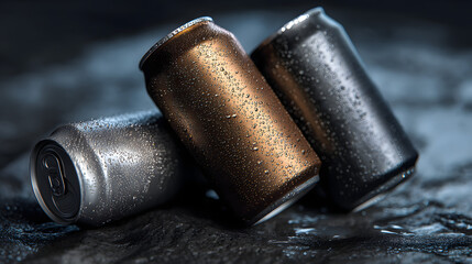 A trio of glossy aluminum drink cans in gradient colors