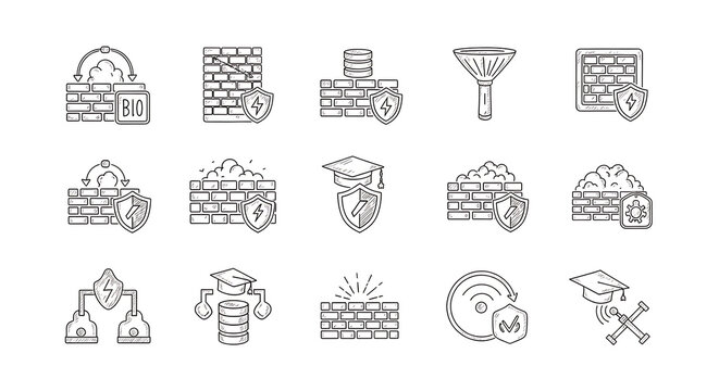 Collection of security and data protection icons featuring walls shields and academic symbols in a line ai generated