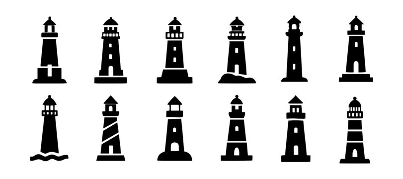 Silhouette set of unique lighthouse designs in black and white