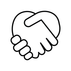 Handshake heart, unity symbol, partnership icon vector illustration in outline, minimal, flat, business, agreement, support, cooperation, team, social style.