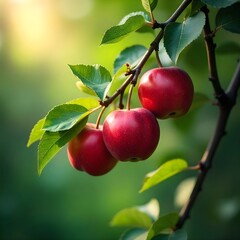 Obraz premium Three Red Apples Hang Ripely on a Branch, Surrounded by Lush Green Leaves Under a Sunny Sky