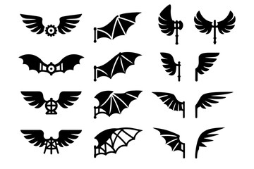 Set of wing icons: fantasy, mechanical, and bat designs in silhouette style