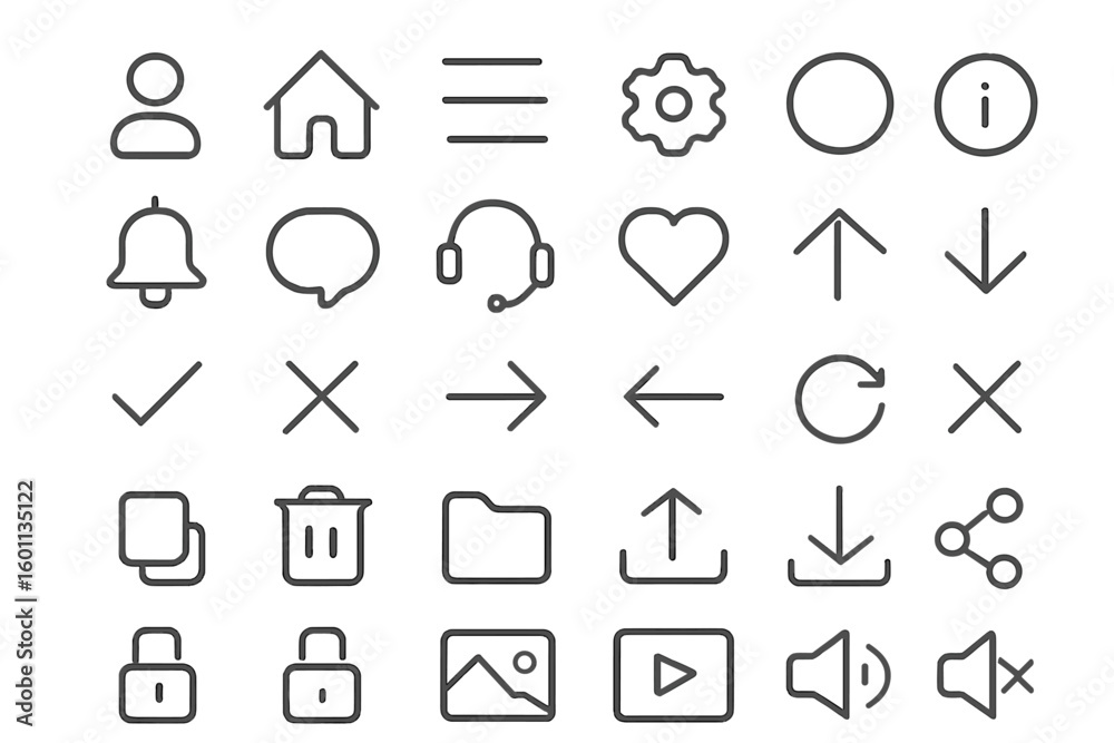 Fototapete Universal outline icons set for web and mobile. User interface UI and user experience UX line graphic design elements. Vector symbols for website and application.