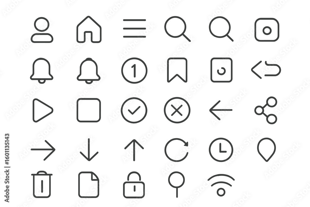Fototapete UI UX outline icons set for web design and mobile app interfaces. Vector thin line symbols for navigation and action. Essential user interface kit. Editable stroke.