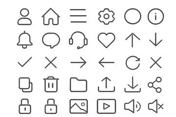 Universal outline icons set for web and mobile. User interface UI and user experience UX line graphic design elements. Vector symbols for website and application.