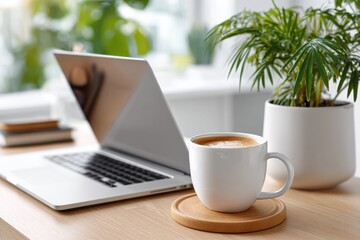 Moderner Homeoffice-Arbeitsplatz mit Laptop, Cappuccino und Zimmerpflanze in heller Umgebung