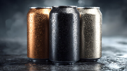 A trio of glossy aluminum drink cans in gradient colors