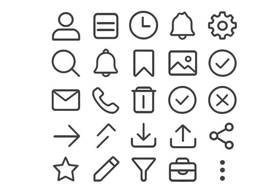User interface line icons set. UI UX thin outline vector symbols for website and mobile app design. Includes profile, settings, notification, search, mail, and share.