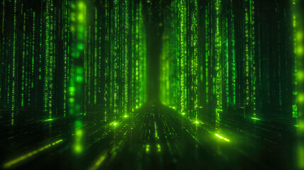 Digital data stream visualization with green binary codes in a futuristic environment