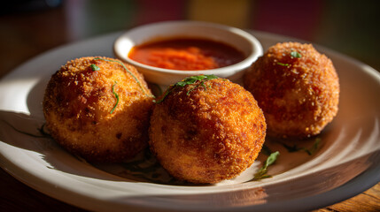 A trio of Italian arancini balls perfectly fried