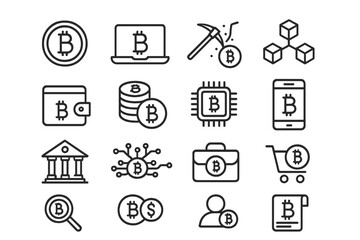 Cryptocurrency line icons. Bitcoin, blockchain, mining, digital wallet, transaction, crypto coin. Fintech outline vector symbols for finance, investment and e-commerce.