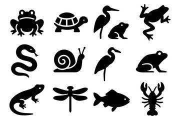 Nature wildlife silhouette collection featuring amphibians and reptiles