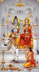 Lord shiva and parvati riding nandi hindu god divine couple hinduism religious deities worship india
