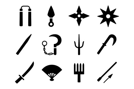 Silhouette set of traditional martial arts and ninja weapons icons