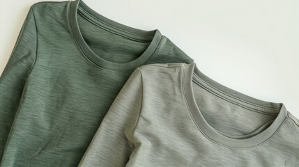 Two washed green long sleeve t shirts laid flat