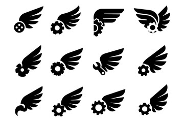 Fototapeta premium Collection of winged gear icons: mechanical and industrial symbol set