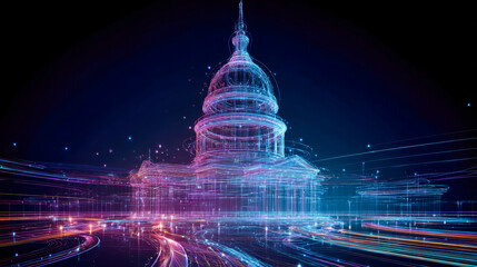 Illuminated digital art of a government building with futuristic light trails at night
