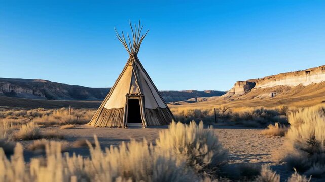 A traditional Native American teepee stands in a desert landscape. The structure is made of natural materials, surrounded by sparse vegetation and rocky hills.