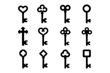 Collection of vintage key icon set in black and white silhouette style