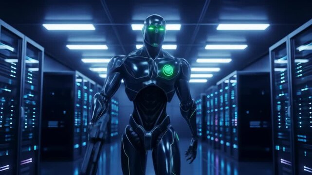 Futuristic Robot in Server Room - Surveillance or Threat?