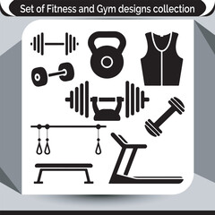 Obraz premium Fitness and Gym Design Collection Featuring Dumbbells Kettlebells and Apparel For Workout