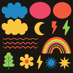 Colorful cartoon weather and nature elements on a black background.