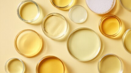 Flat lay of various cosmetic items in Petri dishes on a soft yellow surface, space provided for text