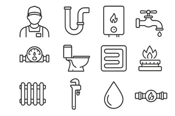 Heating and plumbing service line icon set. Vector symbols for plumber, pipe, boiler, tap, meter, toilet, underfloor heating, gas, wrench, and radiator repair and work.