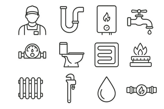 Heating and plumbing service line icon set. Vector symbols for plumber, pipe, boiler, tap, meter, toilet, underfloor heating, gas, wrench, and radiator repair and work.