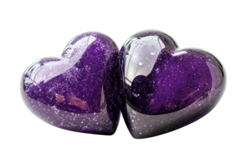 Two sparkling purple amethyst heart shaped crystals isolated on transparent background