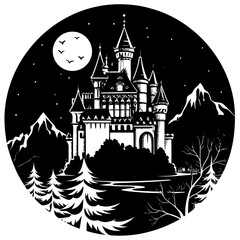Nighttime medieval castle illustration: a fairytale fortress silhouetted against the moonlit sky