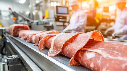 Processed meat product on conveyor belt, food safety inspections, manufacturing efficiency for mass production, quality control measures at work