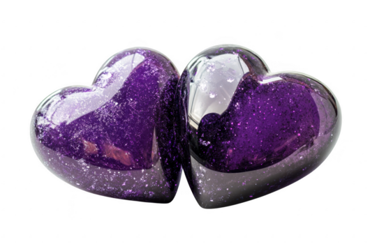 Two sparkling purple amethyst heart shaped crystals isolated on transparent background