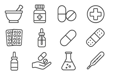 Pharmacy line icon set. Medical and healthcare symbols. Medicine, drug, pill, capsule, tablet. Hospital, first aid, treatment concept. Pharmaceutical outline vector icons.