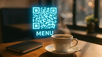 A steaming coffee sits by a glowing qr menu code on a café table. Concept of contactless ordering, digital hospitality, and modern service. - Powered by Adobe
