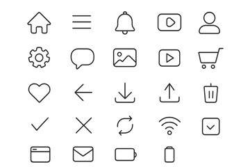 Universal line icon set for web and mobile user interface. Essential UI UX outline icons for app design. Includes home, menu, notification, user, settings, and cart.