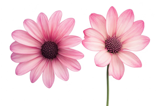 Two delicate pink daisy flowers with dark centers isolated on transparent background