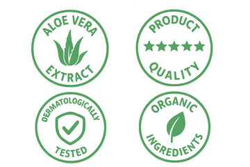 Vector icons for product quality. Stamps for cosmetic packaging design. Aloe vera extract, organic ingredients, dermatologically tested, and 5 star rating labels set.