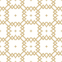 Vector seamless pattern in oriental style. Golden ornament texture with floral silhouettes, grid, lattice, curved shapes, stars. Gold and white abstract geometric background. Luxury modern geo design