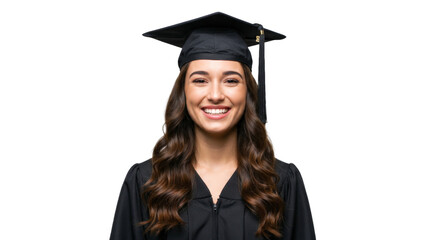 Happy graduate woman in cap and gown png isolated on transparent background