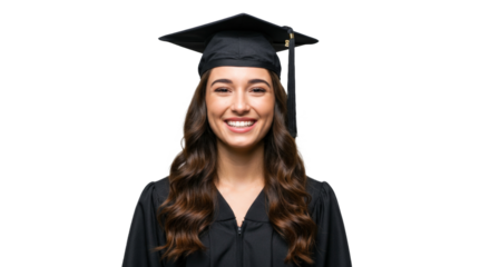 Happy graduate woman in cap and gown png isolated on transparent background