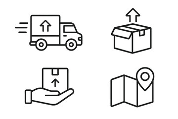 Shipping and delivery service vector icon set. Logistics and transportation outline symbols for e-commerce and apps. Includes fast truck, package dispatch, order tracking map.
