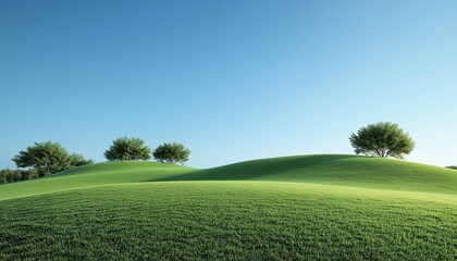 Refreshing Morning Landscape: Green Lawn With Smooth Curved Bushes And Trees Under The Clear Blue Sky And Sunlight On A Morning.