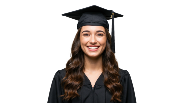 Happy graduate woman in cap and gown png isolated on transparent background