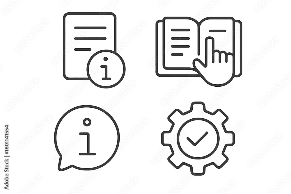 Poster information & user guide line icon set. manual, instructions, help desk, and support symbols. qualit