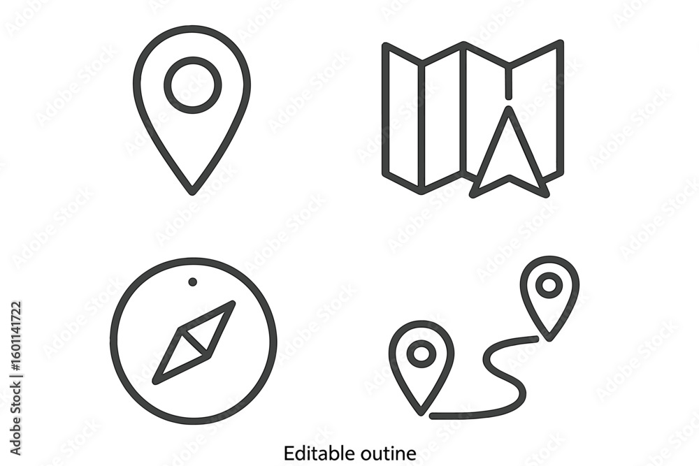 Poster navigation and map location line icon set. vector collection of travel and direction symbols like co