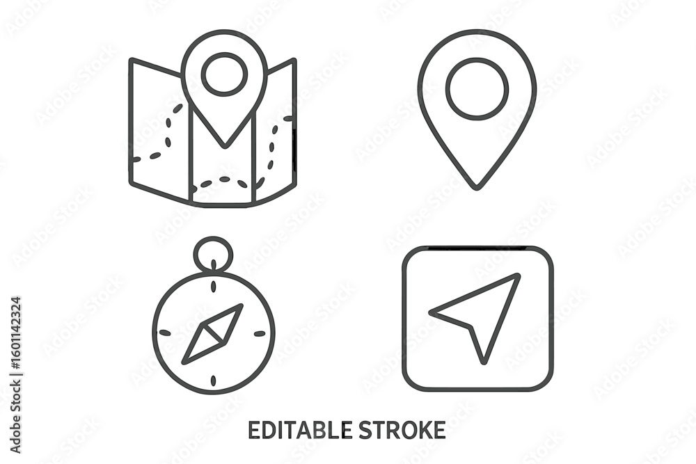 Poster navigation and location line icon set. vector symbols for map, pin, pointer, compass, and gps cursor