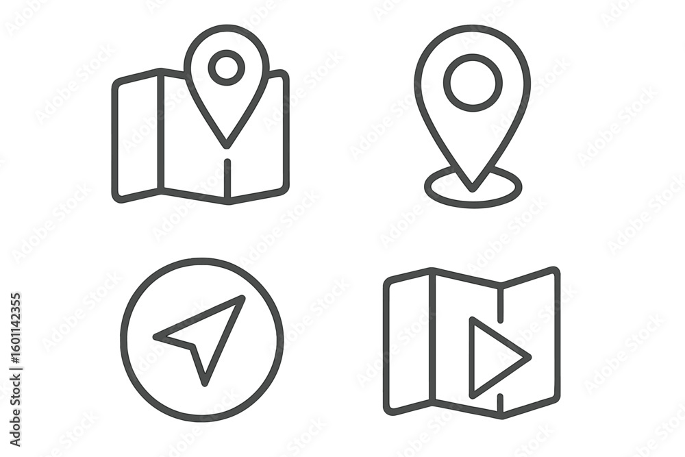 Poster location and navigation vector icon set. gps map pin, direction arrow, travel route and destination 