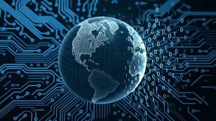  A digital earth emerges from circuit traces as binary code streams across. Concept of global data flow, connectivity, and information technology. - Powered by Adobe