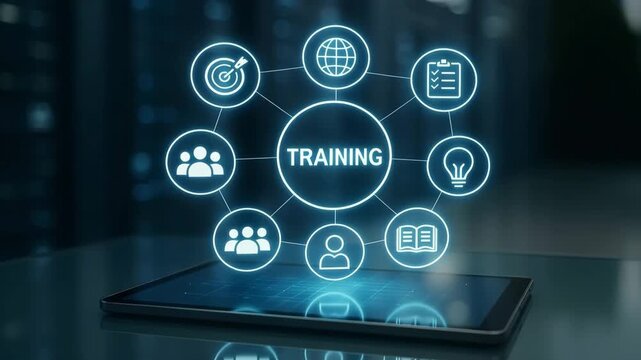 A tablet projects circular icons around a center labeled training. Concept of employee development, skill building, and corporate education program.